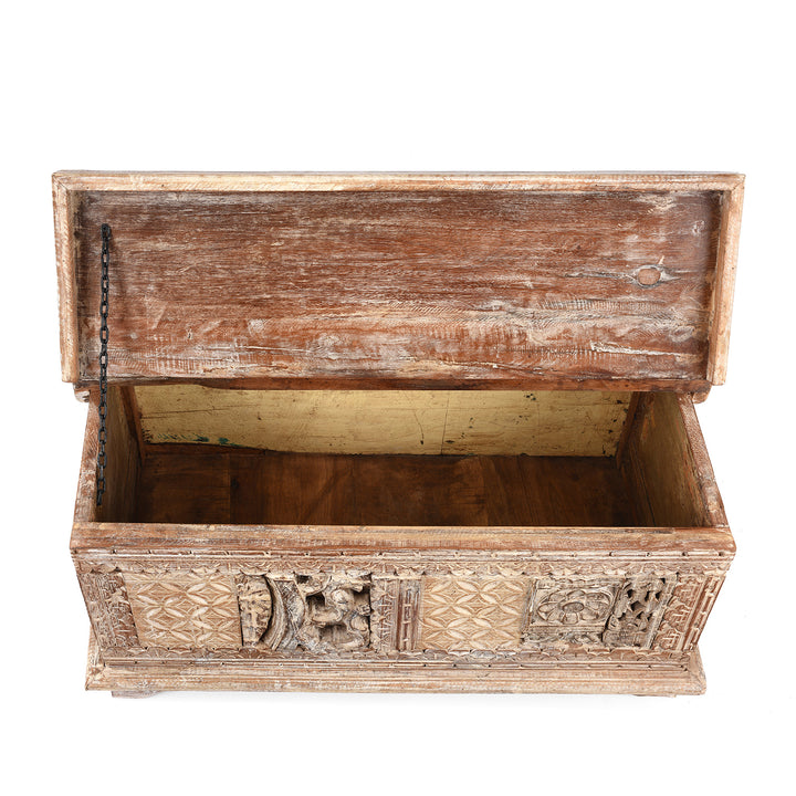 Interior Of Carved Blanket Chest Made From Reclaimed Painted Teak | Indigo Antiques