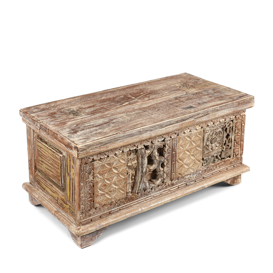 Angled VIew Of Carved Blanket Chest Made From Reclaimed Painted Teak | Indigo Antiques