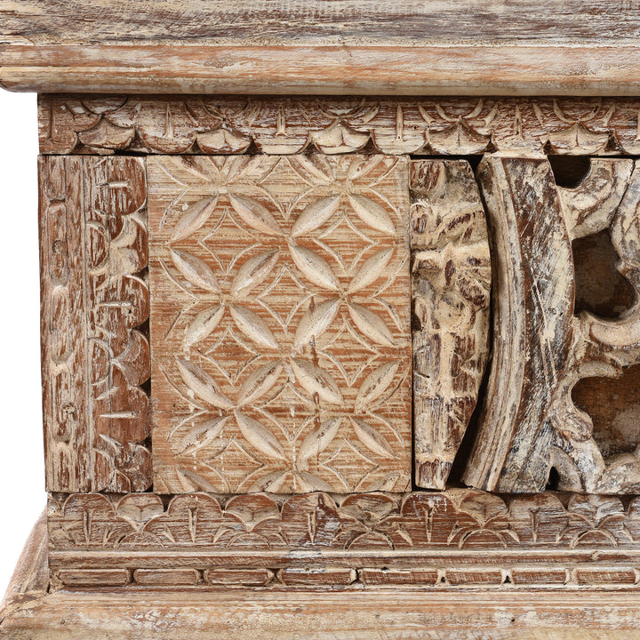 Carving Detail From Carved Blanket Chest Made From Reclaimed Painted Teak | Indigo Antiques