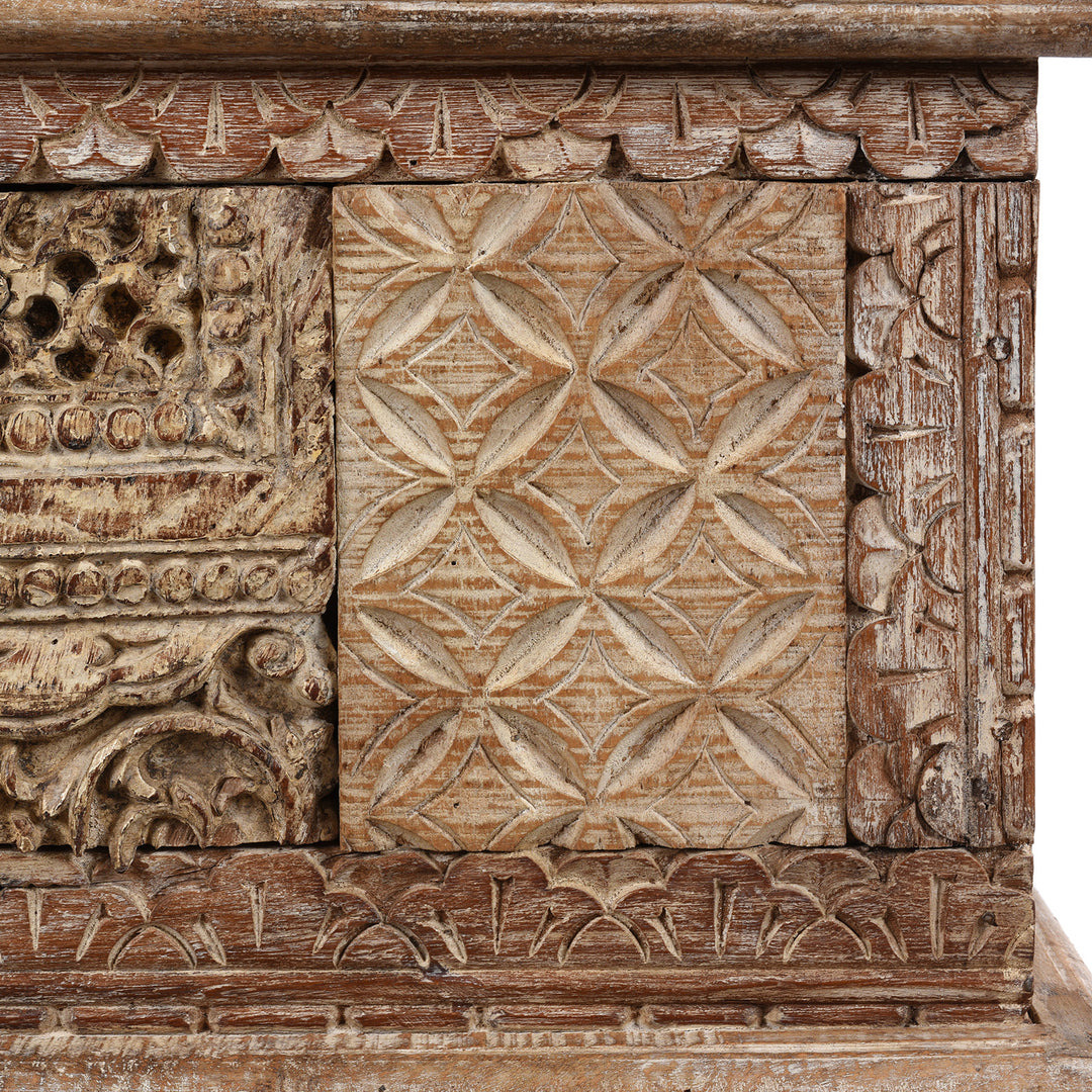 Carving Detail From Carved Blanket Chest Made From Reclaimed Painted Teak | Indigo Antiques