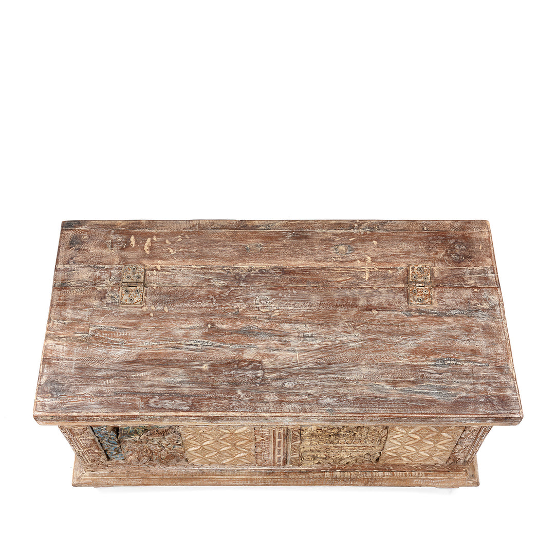 Top Down View Of Carved Blanket Chest Made From Reclaimed Painted Teak | Indigo Antiques