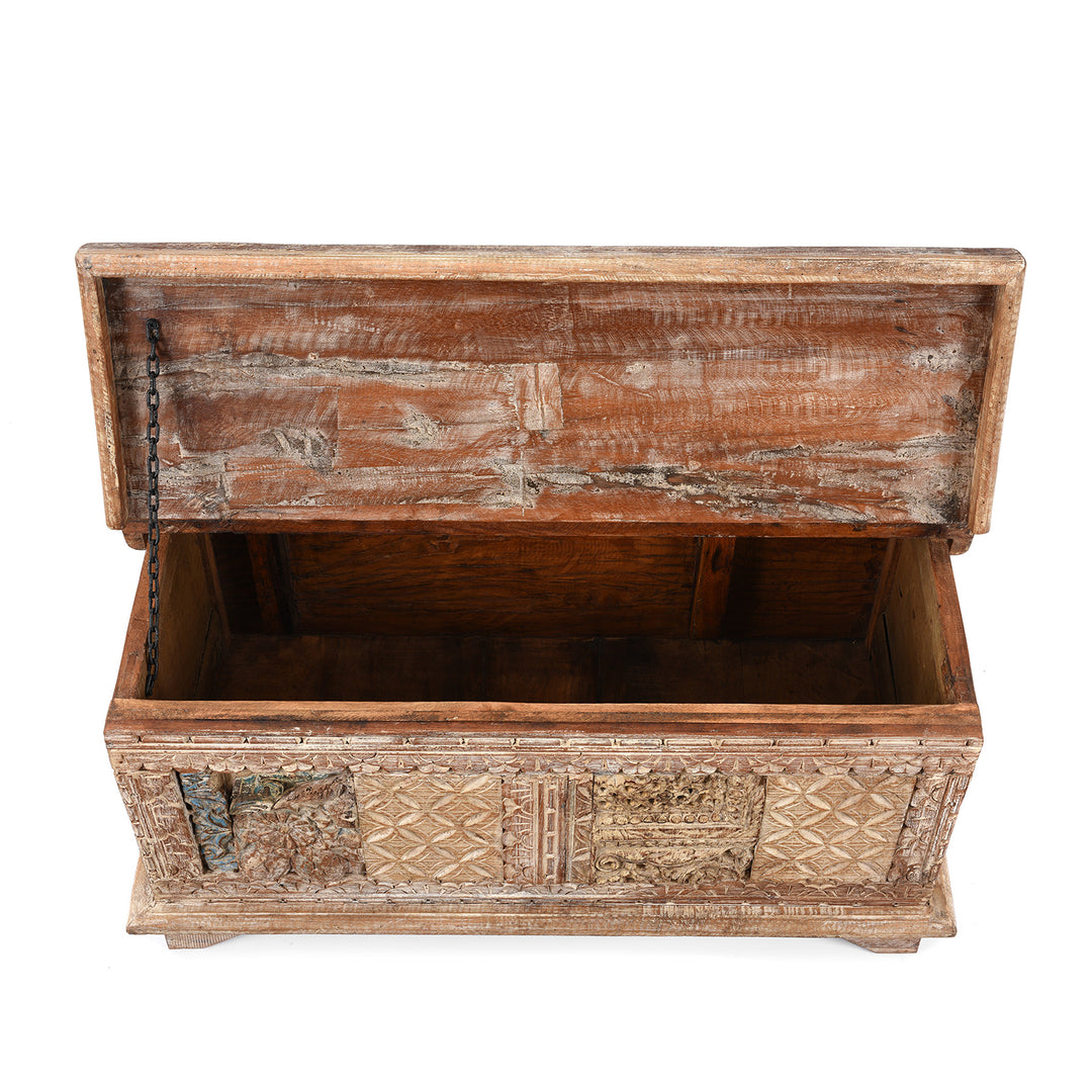 Interior Of Carved Blanket Chest Made From Reclaimed Painted Teak | Indigo Antiques