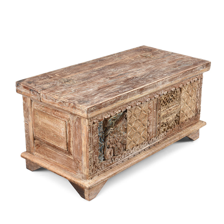 Angled View Of Carved Blanket Chest Made From Reclaimed Painted Teak | Indigo Antiques