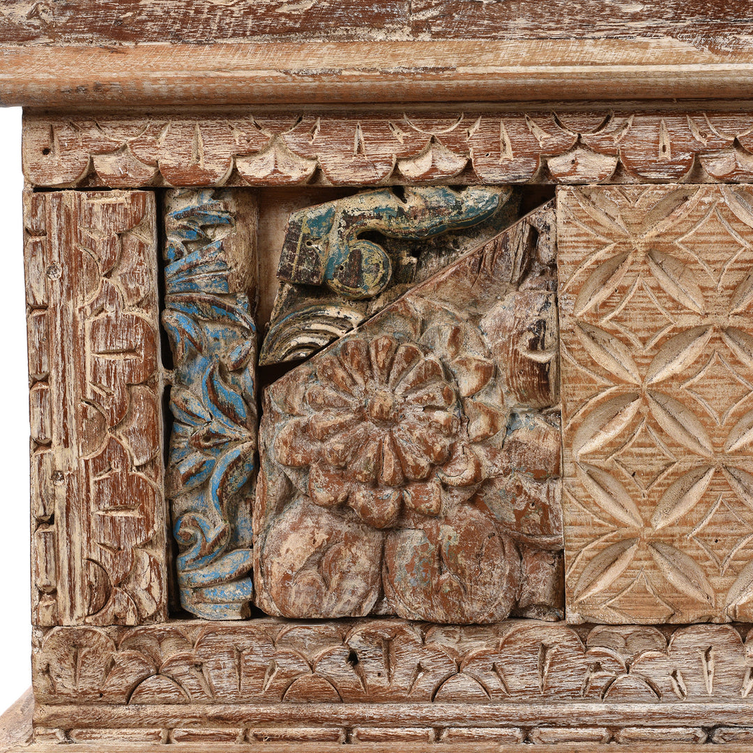 Carving Detail From Carved Blanket Chest Made From Reclaimed Painted Teak | Indigo Antiques