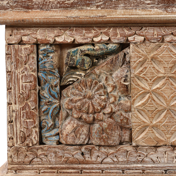 Carving Detail From Carved Blanket Chest Made From Reclaimed Painted Teak | Indigo Antiques