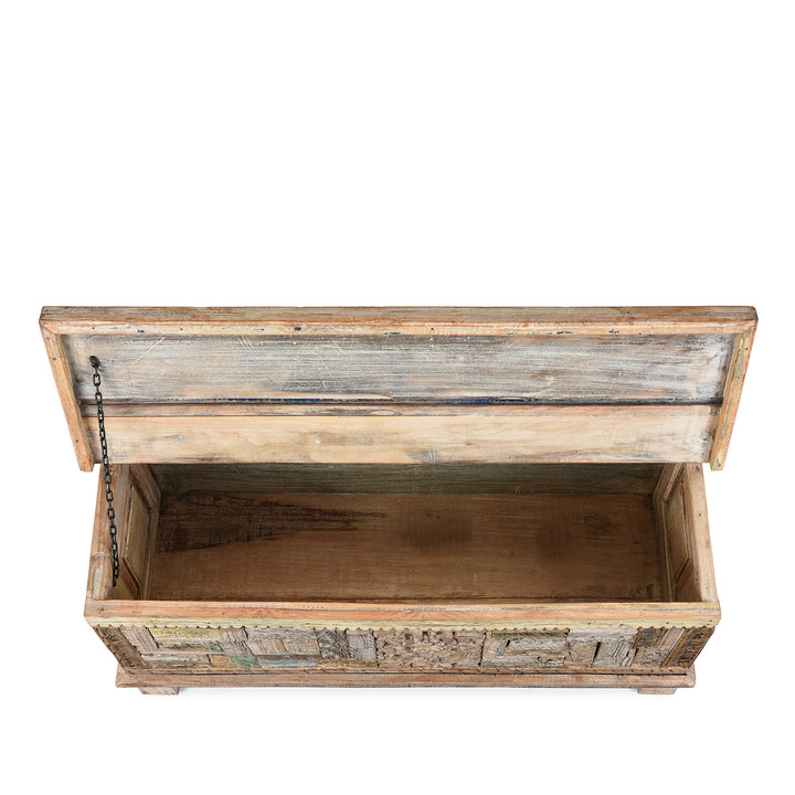 Top Down View Of Reclaimed Teak & Printing Block Blanket Chest With Painted Finish | Indigo Antiques