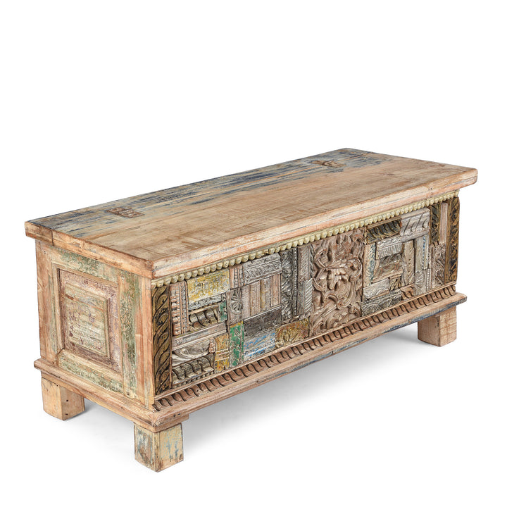 Angled View Of Reclaimed Teak & Printing Block Blanket Chest With Painted Finish | Indigo Antiques