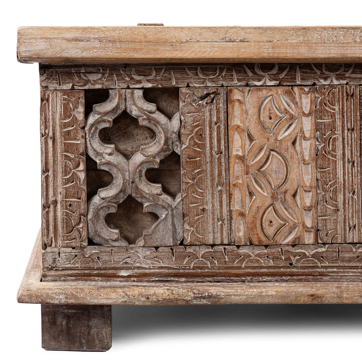 Corner Detail From Carved Blanket Chest Made From Reclaimed Painted Teak | Indigo Antiques