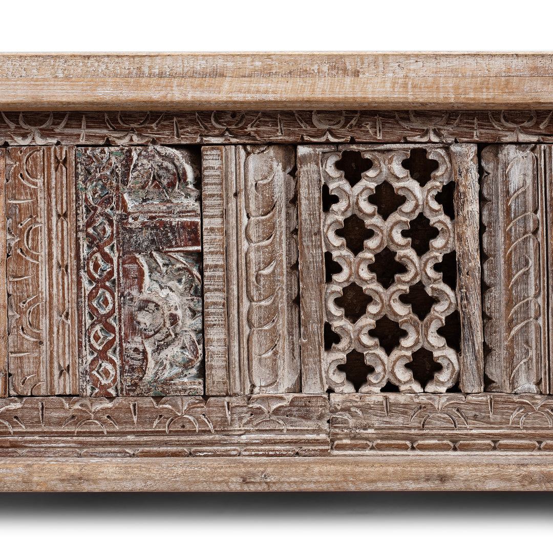 Carving Detail From Carved Blanket Chest Made From Reclaimed Painted Teak | Indigo Antiques