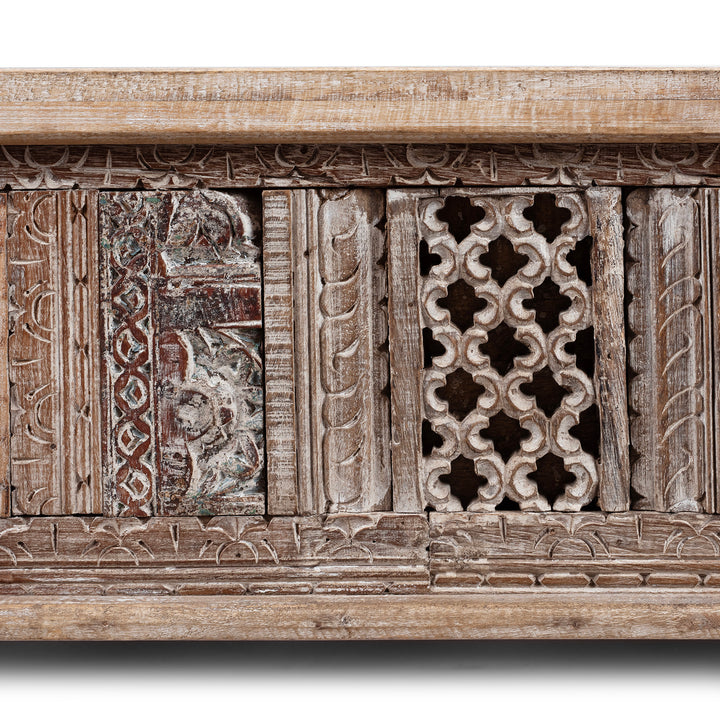 Carving Detail From Carved Blanket Chest Made From Reclaimed Painted Teak | Indigo Antiques