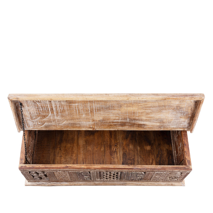 Interior Of Carved Blanket Chest Made From Reclaimed Painted Teak | Indigo Antiques
