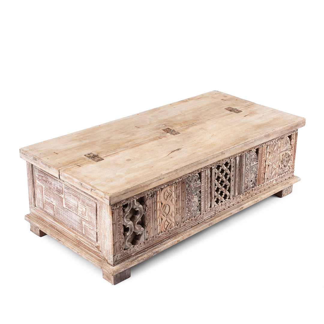 Angled View Of Carved Blanket Chest Made From Reclaimed Painted Teak | Indigo Antiques