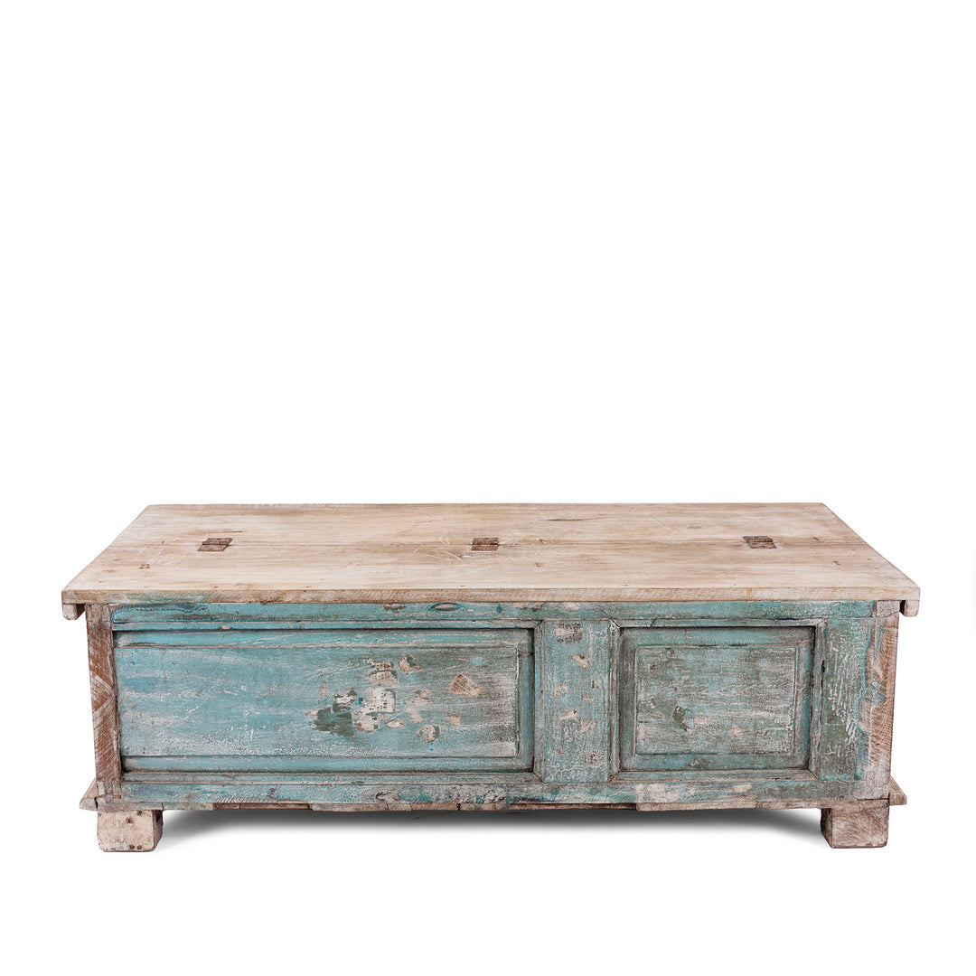 Back Of Carved Blanket Chest Made From Reclaimed Painted Teak | Indigo Antiques