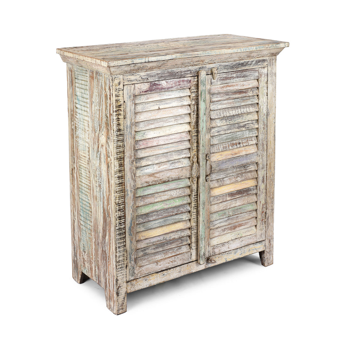 Angled View Of Painted Indian Louvre Cabinet Made From Reclaimed Teak | Indigo Antiques