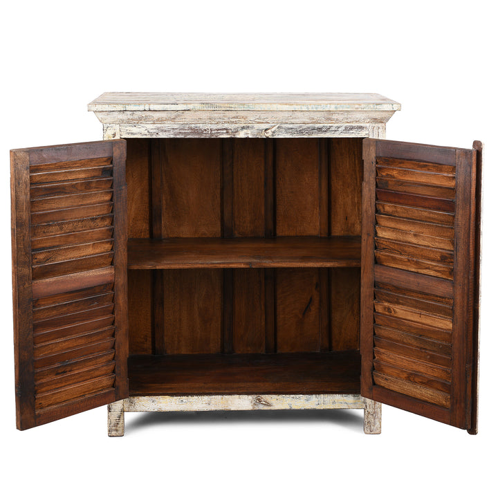 Open Doors VIew Of Painted Indian Louvre Cabinet Made From Reclaimed Teak | Indigo Antiques