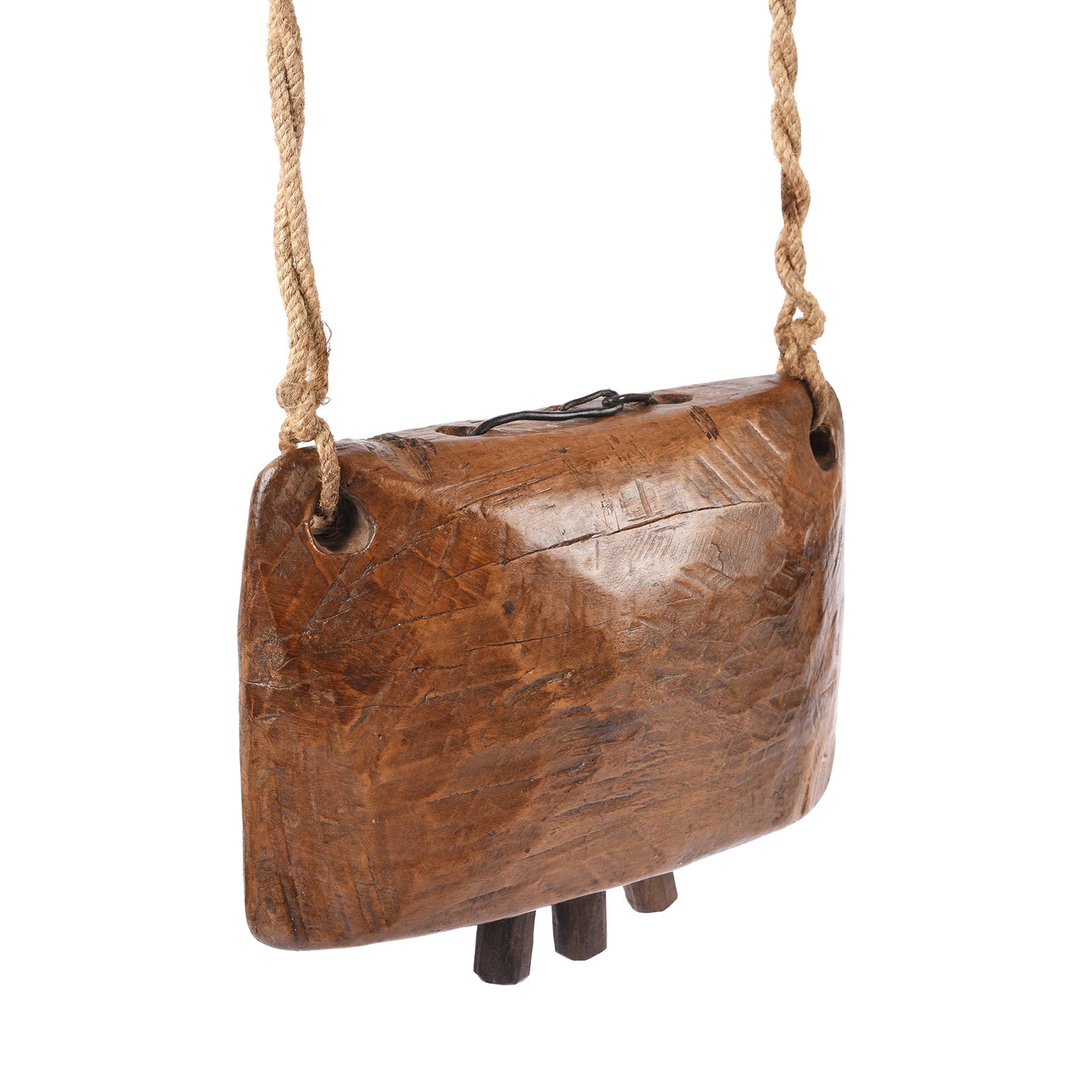 Angled View Of Carved Teak Cow Bell From Rajasthan | Indigo Antiques