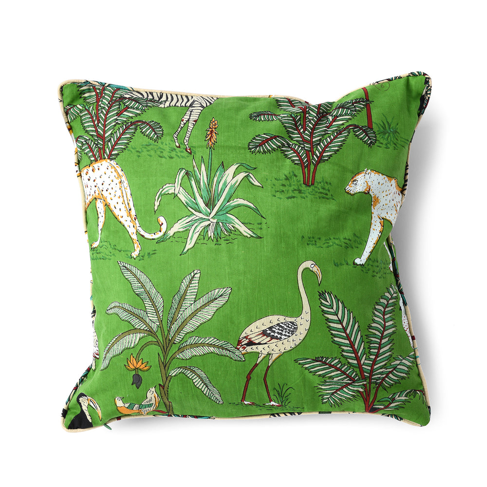 Green Cotton Jungle Print Cushion with Pad - Various Colours | Indigo Antiques