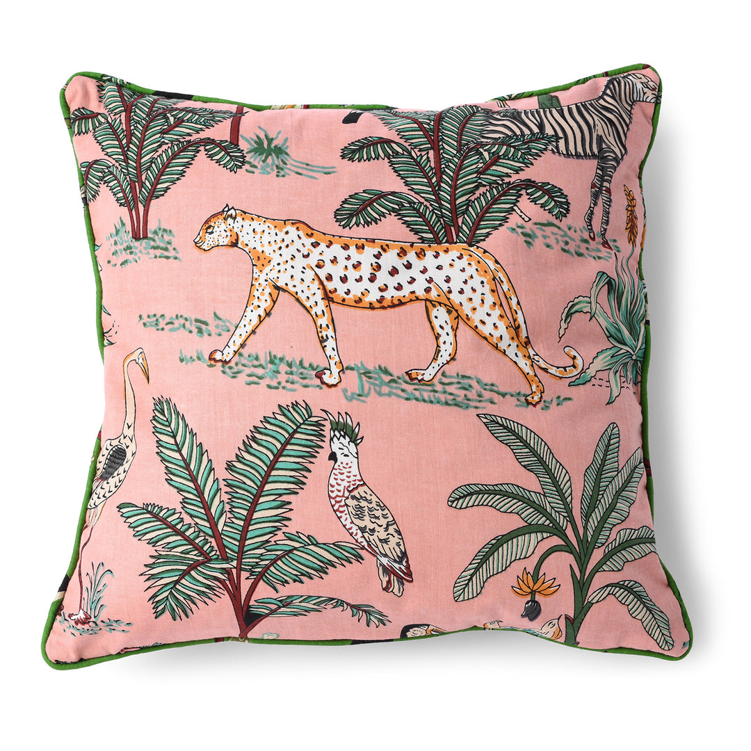 Pink Cotton Jungle Print Cushion with Pad - Various Colours | Indigo Antiques