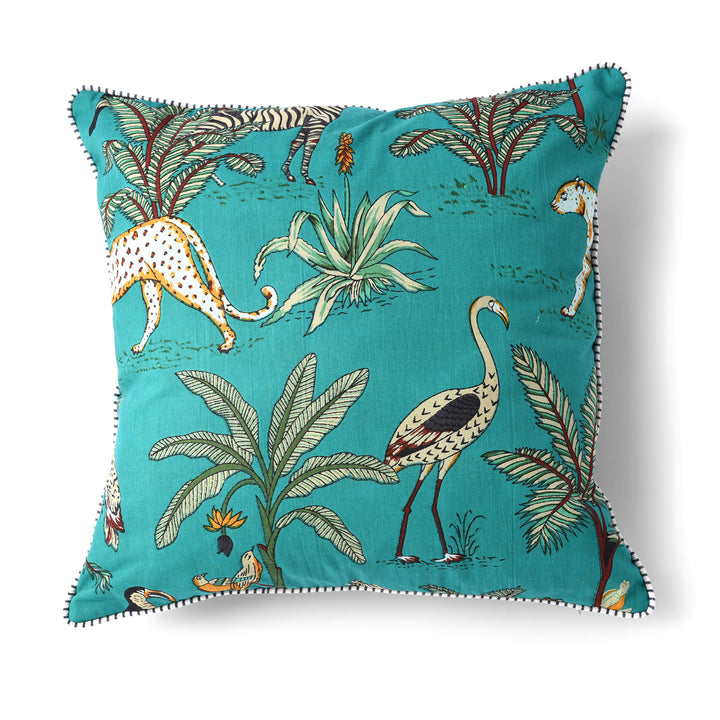 Jade Cotton Jungle Print Cushion with Pad - Various Colours | Indigo Antiques