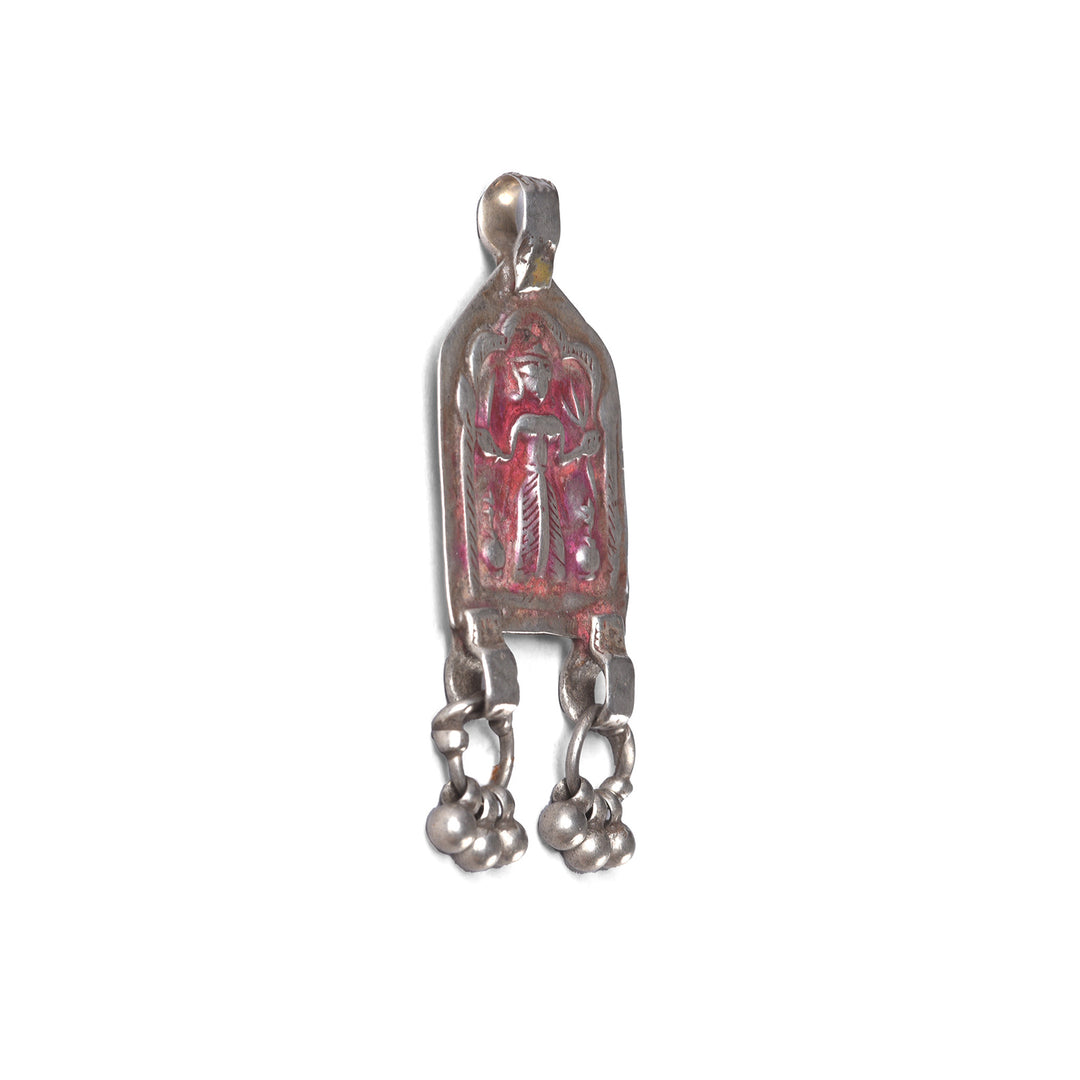 Angled VIew Of Antique Tribal Silver Diety Amulet From Rajasthan | Indigo Antiques