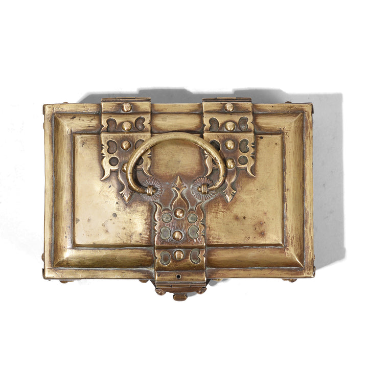 Top Down View Of South Indian Nineteenth Century Brass Jewelry Box With Hinged Lid And Circular Handle