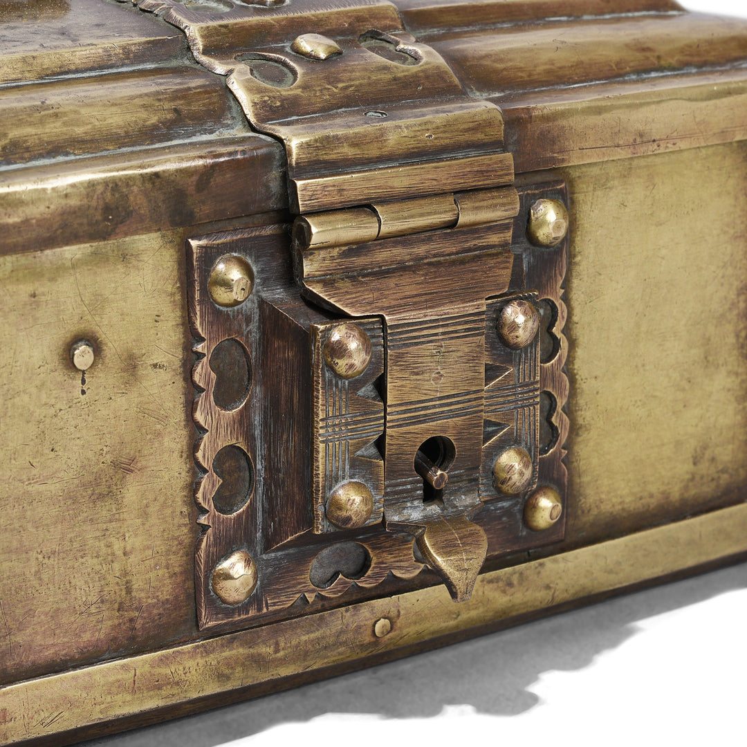 Hasp Detail From South Indian Nineteenth Century Brass Jewelry Box With Hinged Lid And Circular Handle