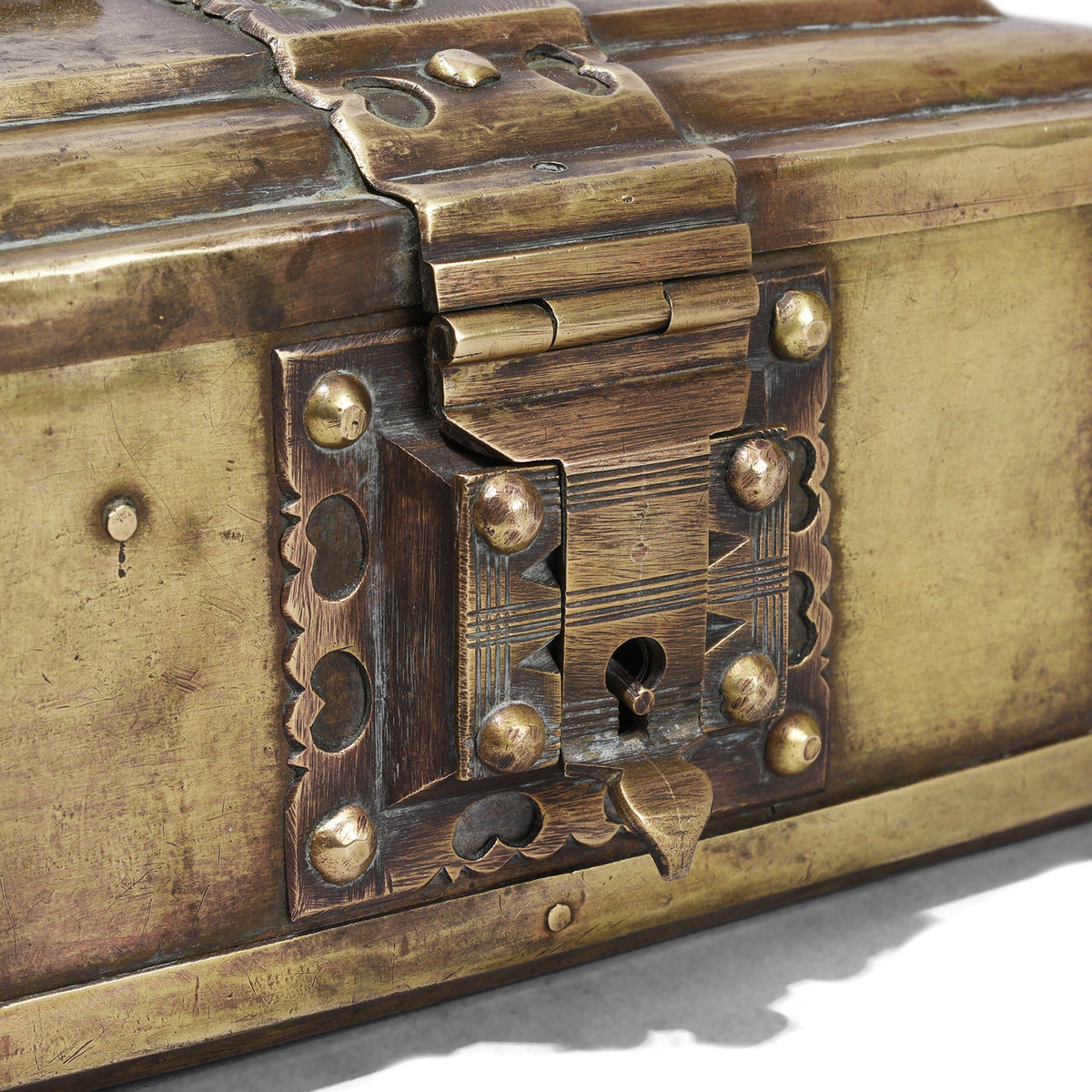 Hasp Detail From South Indian Nineteenth Century Brass Jewelry Box With Hinged Lid And Circular Handle