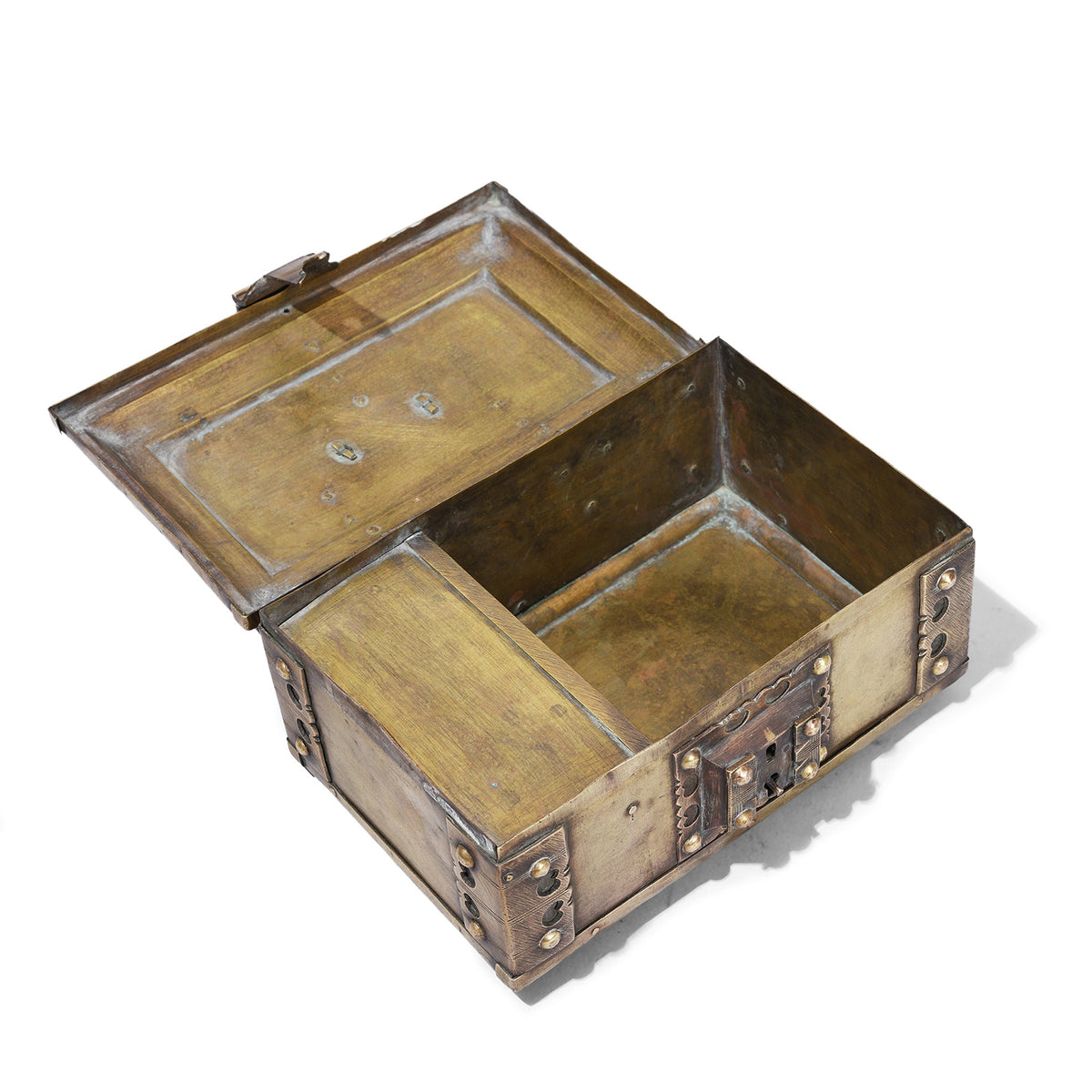 Interior Of South Indian Nineteenth Century Brass Jewelry Box With Hinged Lid And Circular Handle