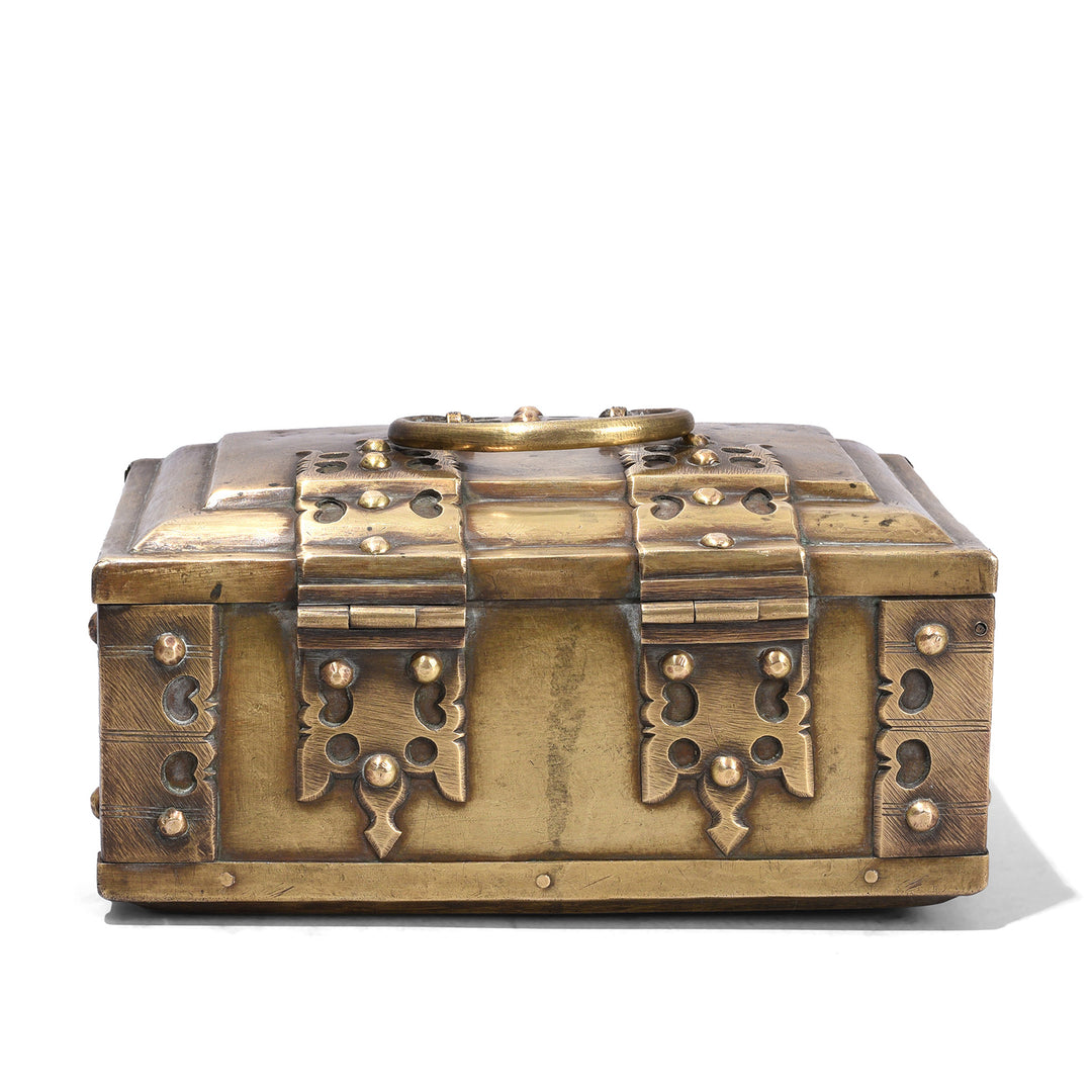 Back Of South Indian Nineteenth Century Brass Jewelry Box With Hinged Lid And Circular Handle