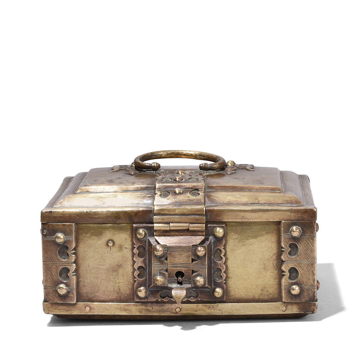 Frontal View Of South Indian Nineteenth Century Brass Jewelry Box With Hinged Lid And Circular Handle
