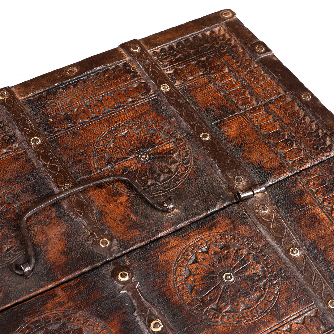 Top Carving Detail From Antique Indian Chip Carved Merchants Box From Rajasthan | Indigo Antiques