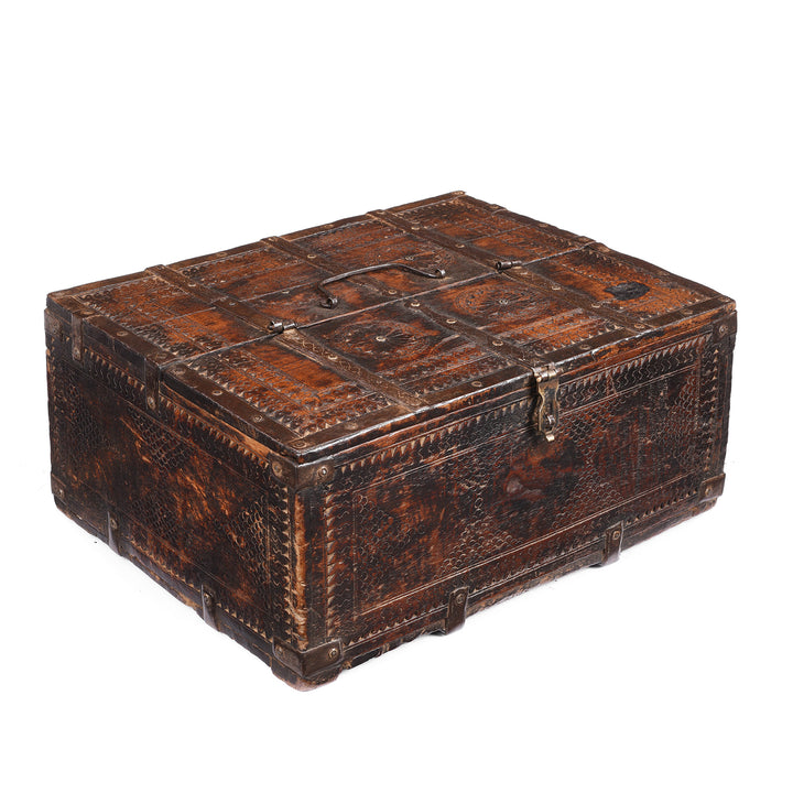 Angled View Of Antique Indian Chip Carved Merchants Box From Rajasthan | Indigo Antiques