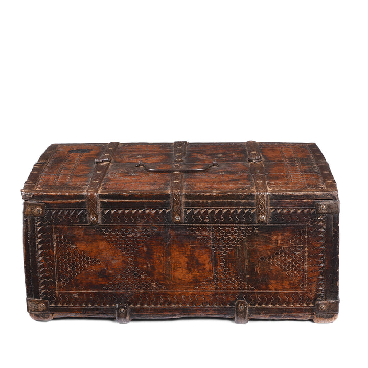 Back Of Antique Indian Chip Carved Merchants Box From Rajasthan | Indigo Antiques
