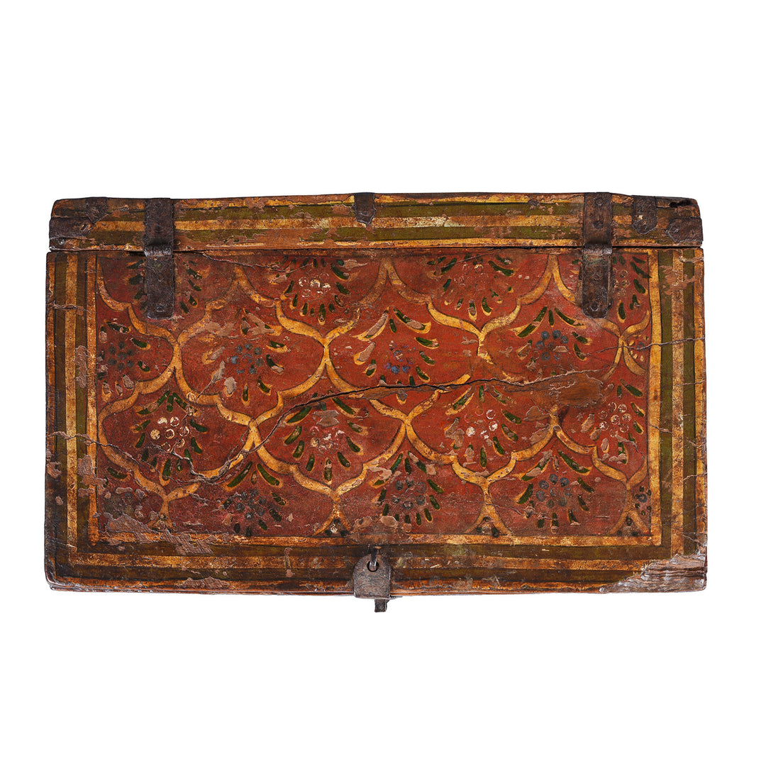 Top Down VIew Of Painted Shekhawati Teak Dowry Box With Floral Motifs And Iron Fittings Early Nineteenth Century