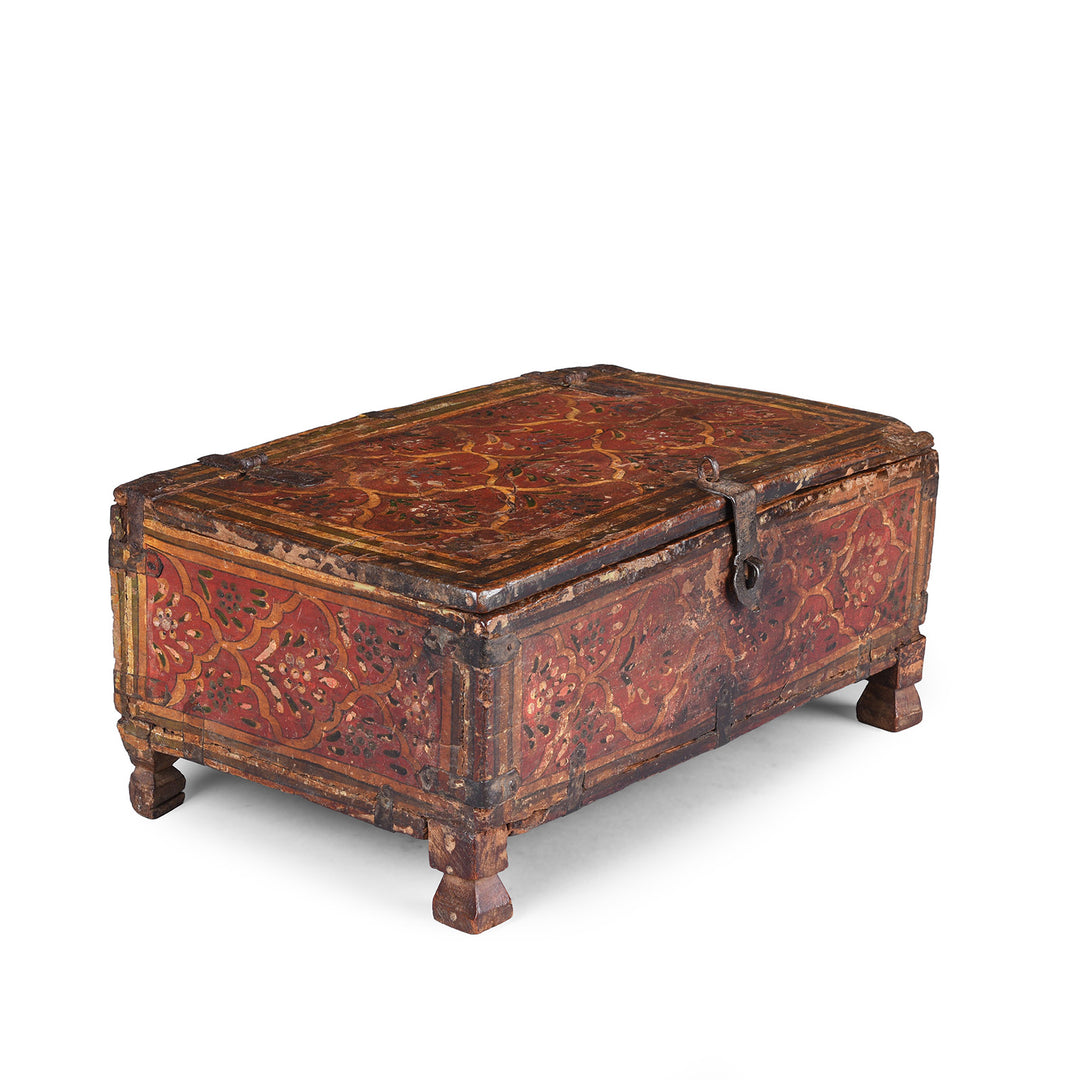 Angled VIew Of Painted Shekhawati Teak Dowry Box With Floral Motifs And Iron Fittings Early Nineteenth Century