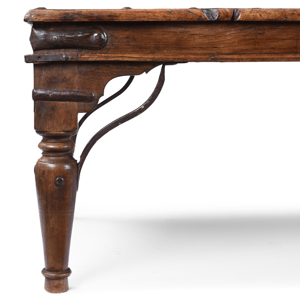Corner Detail Showing Leg And Ironwork On Antique Roheda Wood Takhat Table From Shekhawati | Indigo Antiques