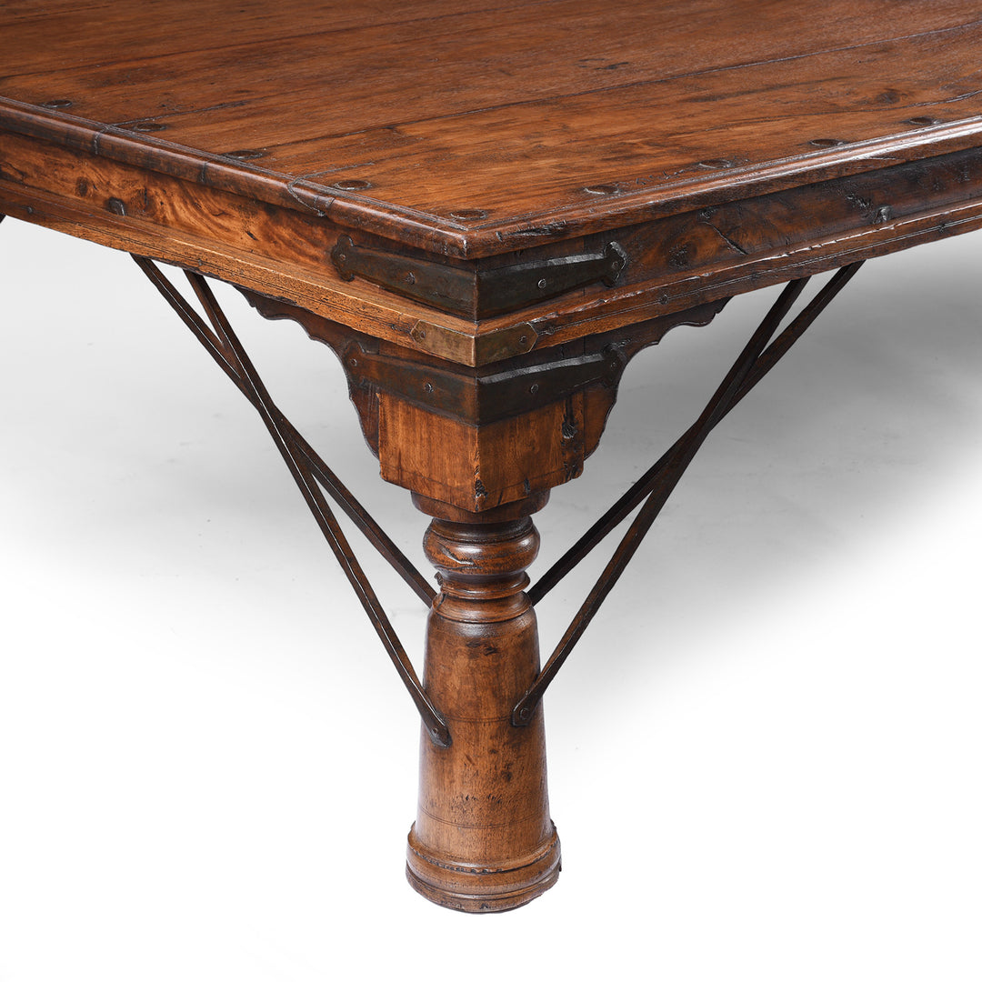 Leg ANd Iron Support Detail From Carved Roheda Wood Takhat Table From Shekhawati | Indigo Antiques