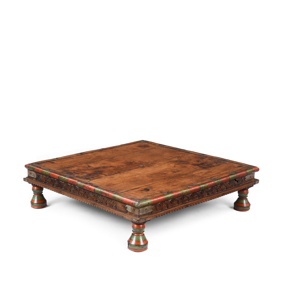 Angled View Of Antique Indian Bajot Low Table From Shekhawati | Indigo Antiques