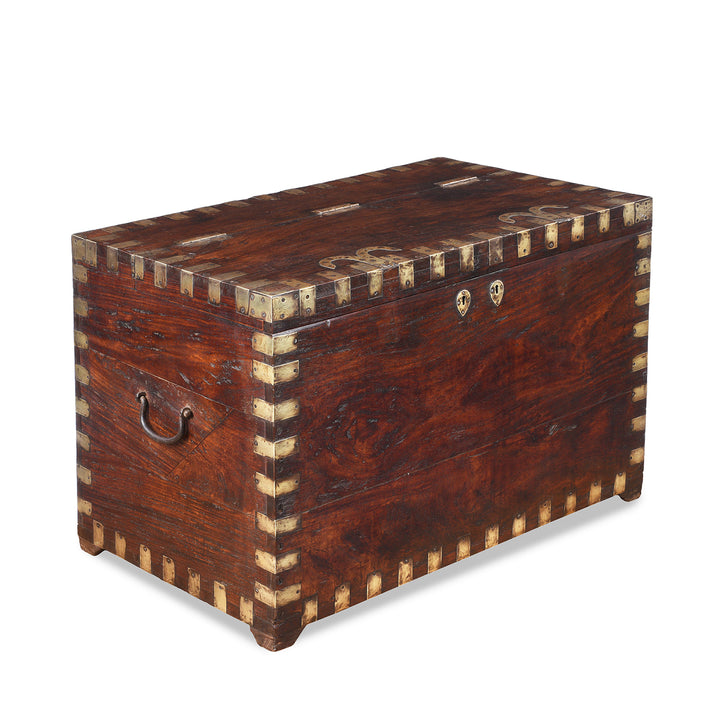Angled View Of Brass Bound Teak Chest From Shekhawati - 19th Century