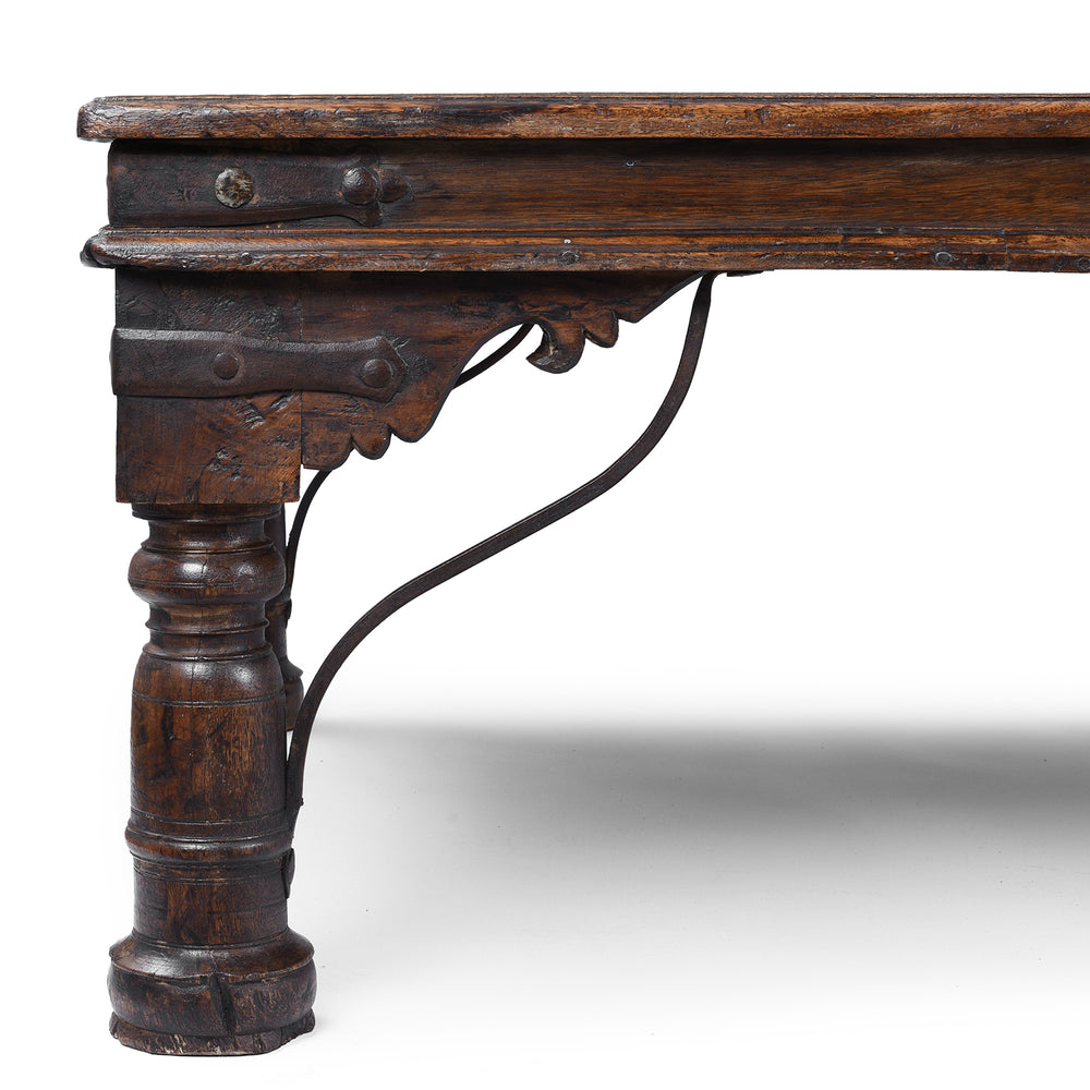 Corner Leg Detail From Antique Shekhawati Roheda Wood Takhat Coffee Table With Incised Indian Script And Iron Fittings