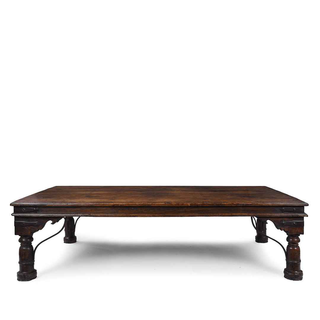 Antique Shekhawati Roheda Wood Takhat Coffee Table With Incised Indian Script And Iron Fittings