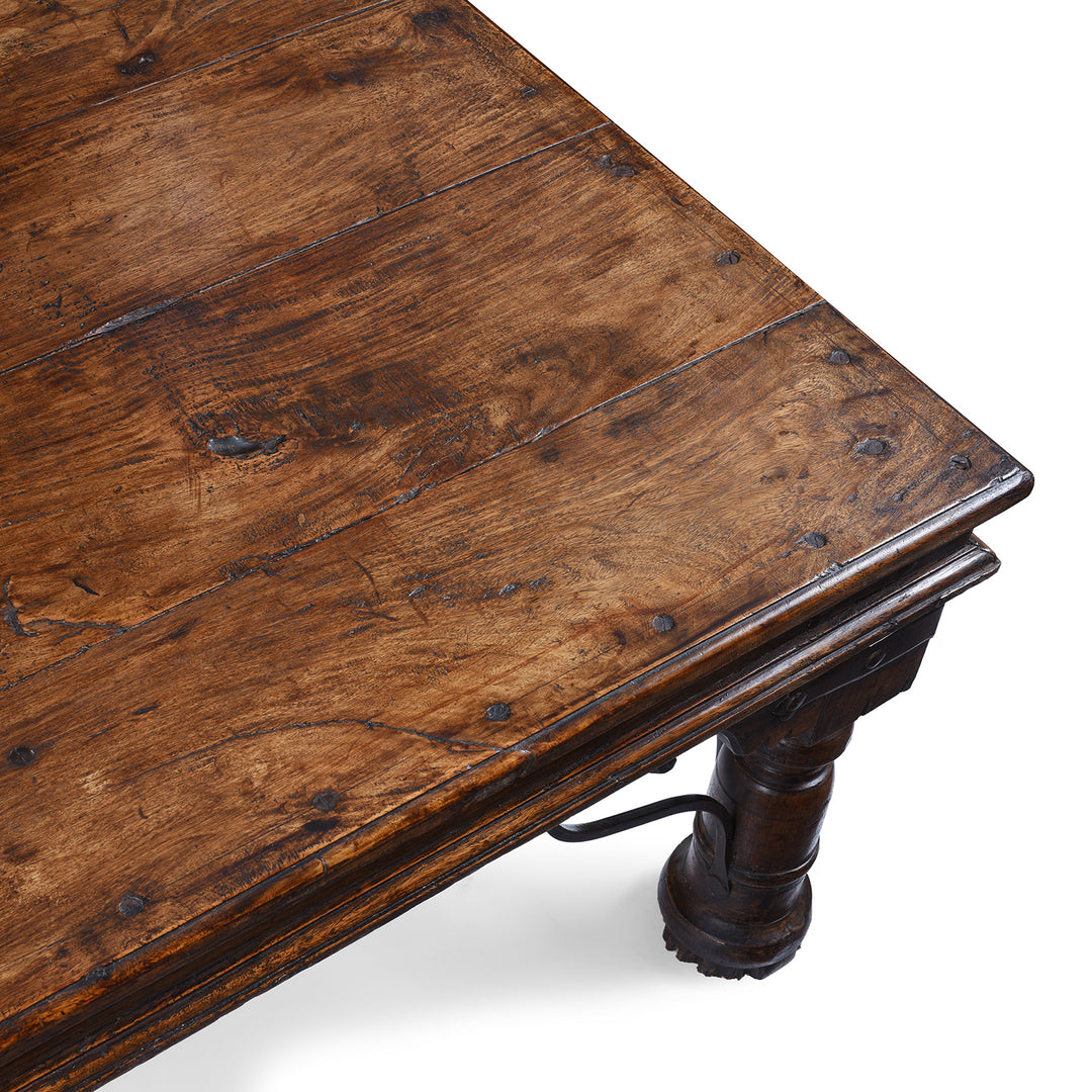 Corner Detail From Antique Shekhawati Roheda Wood Takhat Coffee Table With Incised Indian Script And Iron Fittings