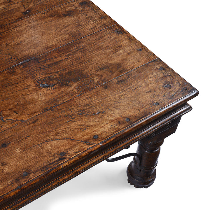 Corner Detail From Antique Shekhawati Roheda Wood Takhat Coffee Table With Incised Indian Script And Iron Fittings