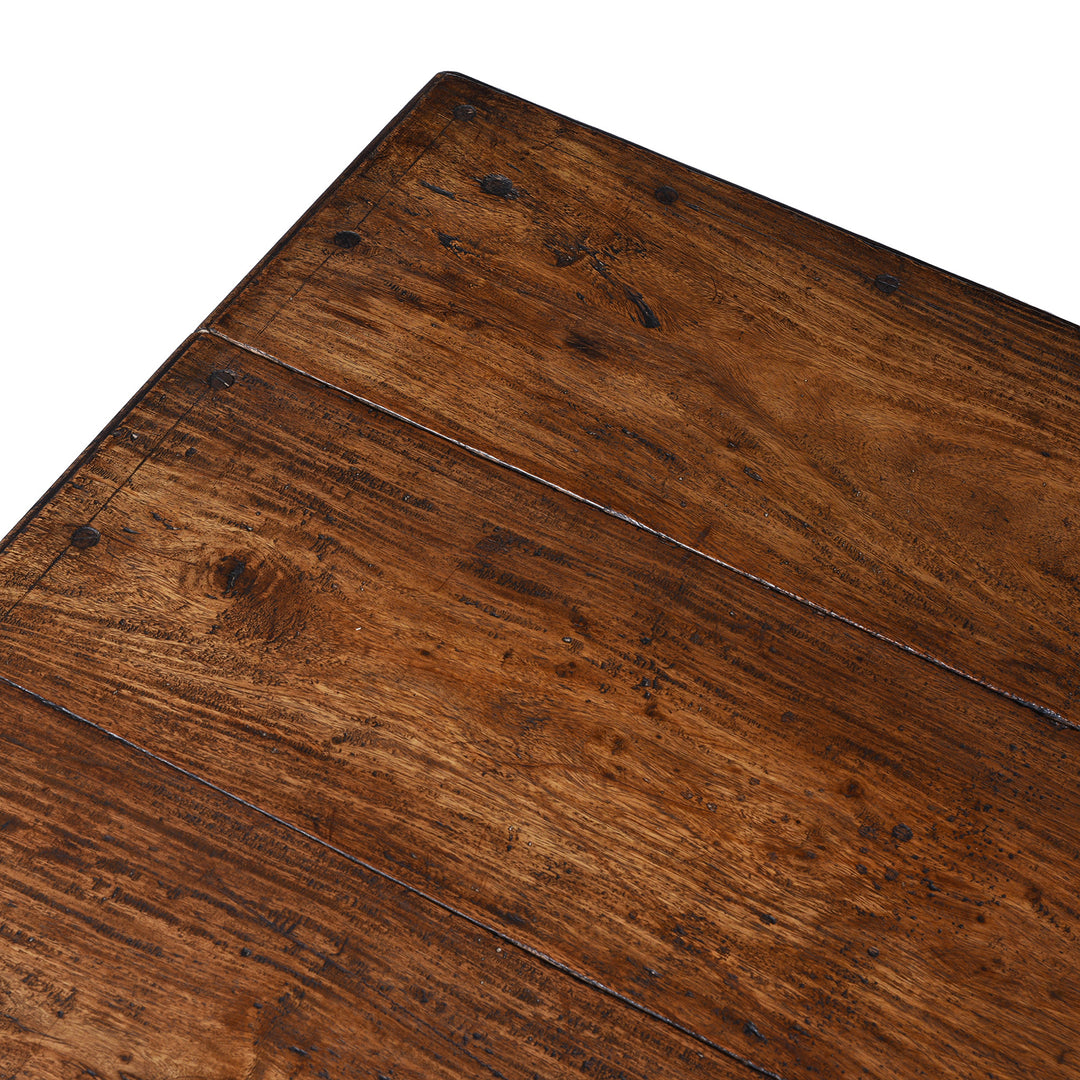 Surface Detail From Antique Shekhawati Roheda Wood Takhat Coffee Table With Incised Indian Script And Iron Fittings