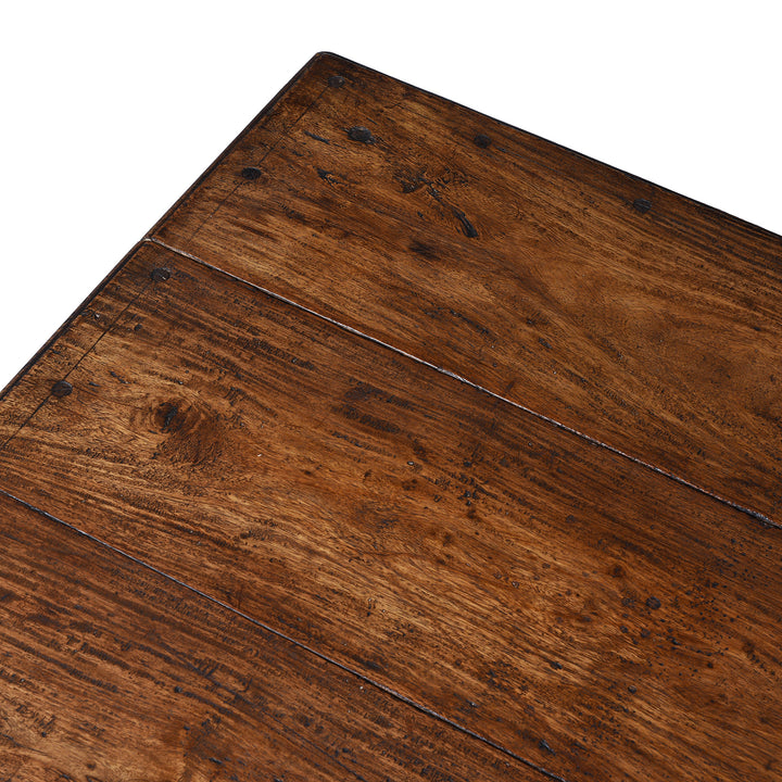 Surface Detail From Antique Shekhawati Roheda Wood Takhat Coffee Table With Incised Indian Script And Iron Fittings