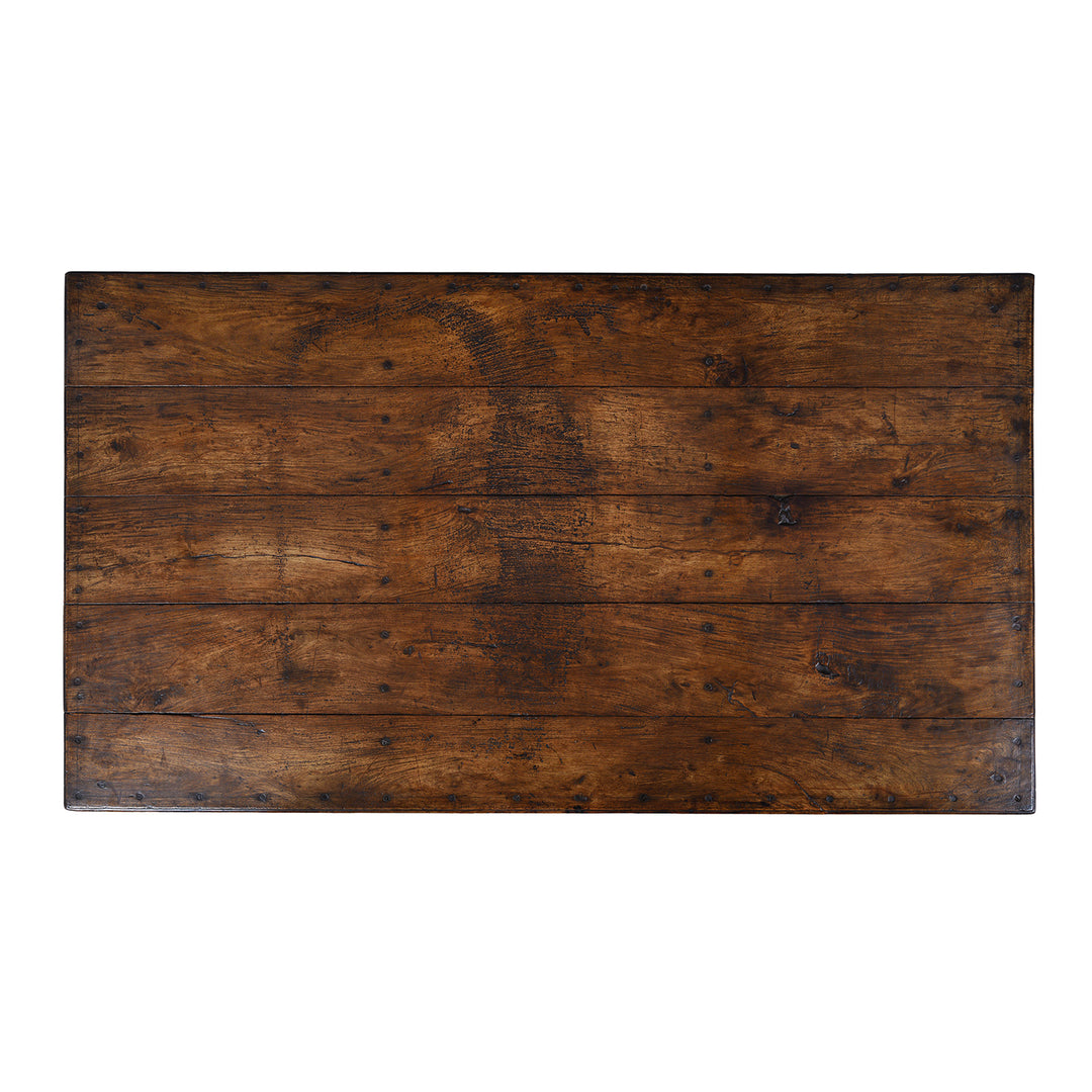 Top Down View Of Antique Shekhawati Roheda Wood Takhat Coffee Table With Incised Indian Script And Iron Fittings