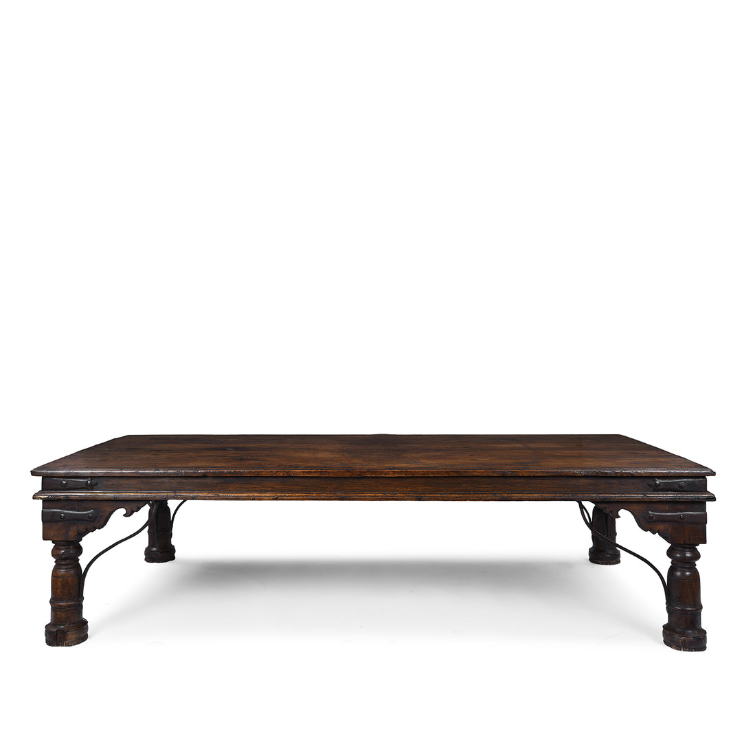 Antique Shekhawati Roheda Wood Takhat Coffee Table With Incised Indian Script And Iron Fittings