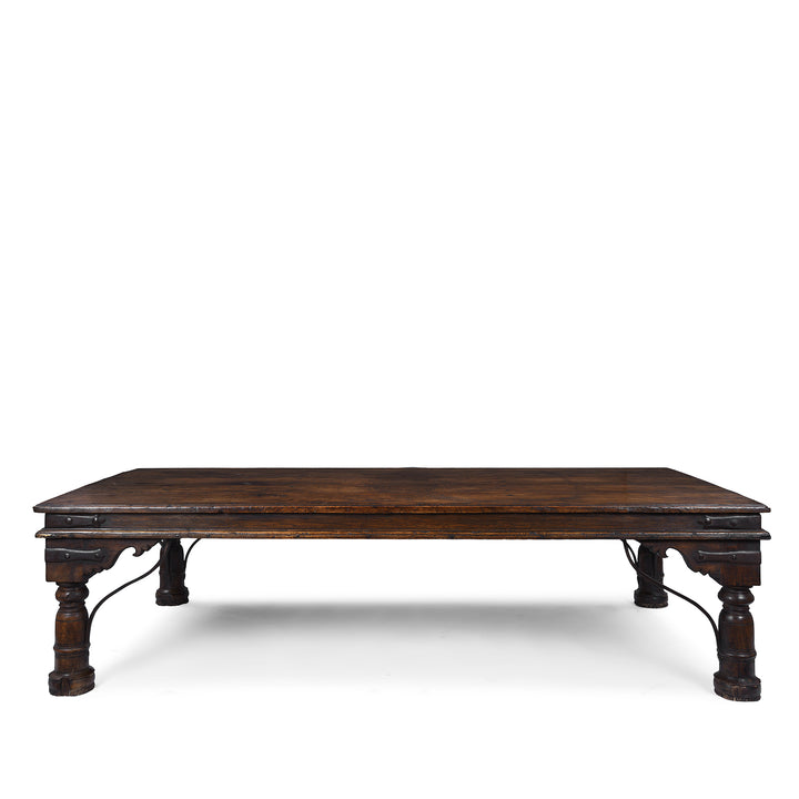 Antique Shekhawati Roheda Wood Takhat Coffee Table With Incised Indian Script And Iron Fittings