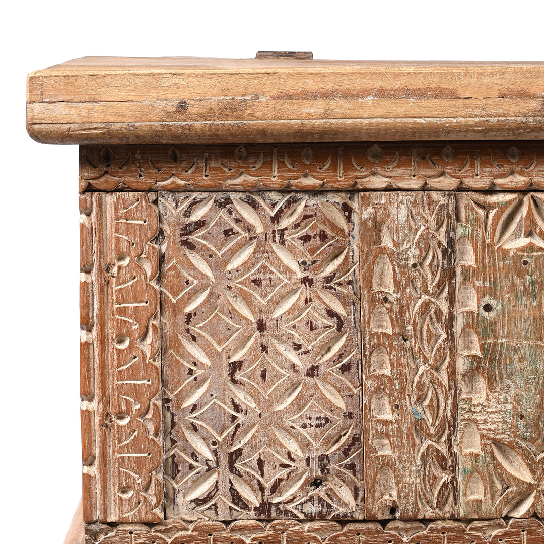 Corner Detail From Reclaimed Teakwood Blanket Chest With Painted Finish | Indigo Antiques