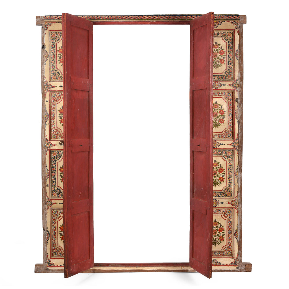 Open Doors View Of Antique Painted Chintz Door Panel From Bikaner | Indigo Antiques